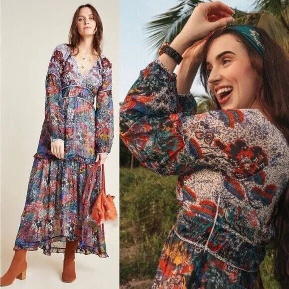 Maeve Anthropologie Annabella Maxi Tiered Dress Boho Floral Women's Size 2